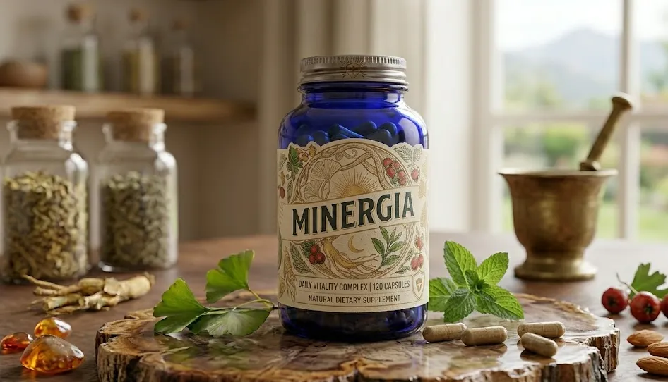 Minergia product packaging on neutral studio surface